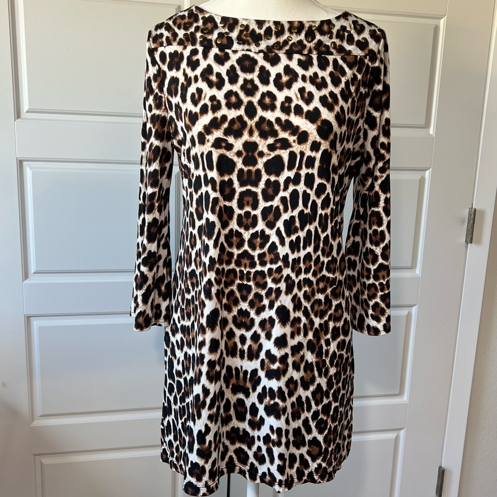 Alfani Petite Leopard Print Mini Dress Gold Studded Neckline Animal Print Medium